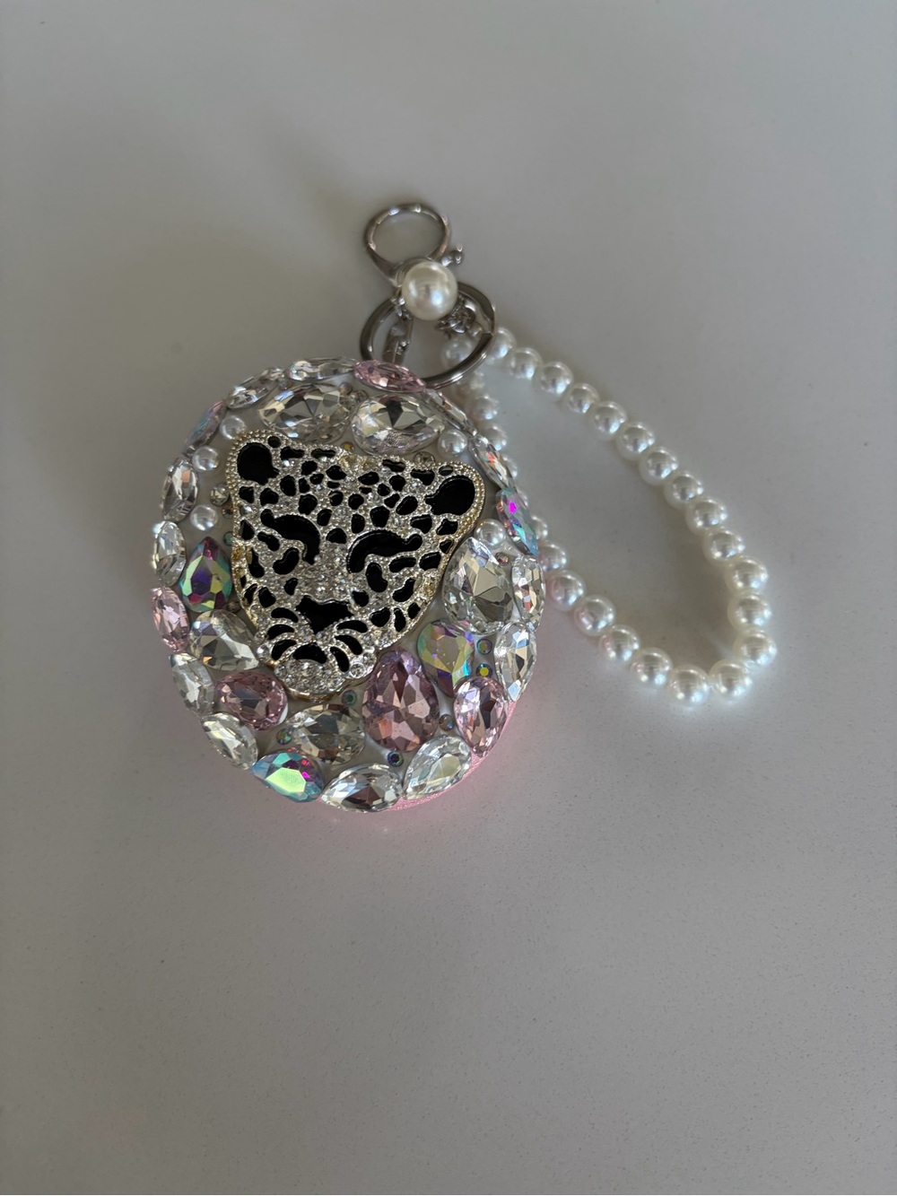 Pearl Strap Leopard Crystal Mirror - Pink & Clear